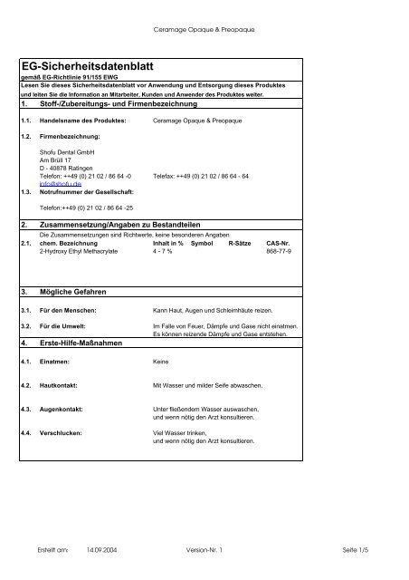 Sicherheitsdatenblatt - SHOFU Dental GmbH