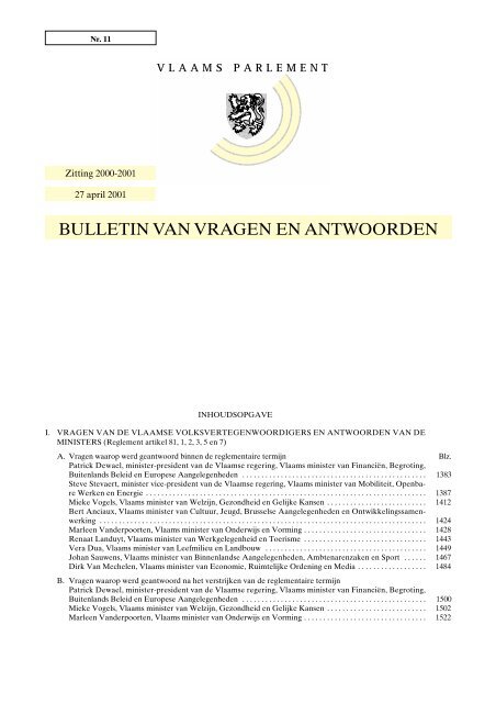 BULLETIN VAN VRAGEN EN ANTWOORDEN - Vlaams Parlement
