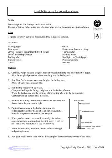 solubility potassium nitrate lab report Potassium chloride is a metal halide composed of potassium and chloride potassium maintains intracellular tonicity, is required for nerve conduction, cardiac, skeletal and smooth muscle contraction, production of energy, the synthesis of nucleic acids, maintenance of blood pressure and normal renal function. solubility potassium nitrate lab report Potassium chloride is a metal halide composed of potassium and chloride potassium maintains intracellular tonicity, is required for nerve conduction, cardiac, skeletal and smooth muscle contraction, production of energy, the synthesis of nucleic acids, maintenance of blood pressure and normal renal function.
