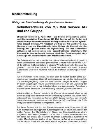 Schulterschluss von MS Mail Service AG und rbc Gruppe