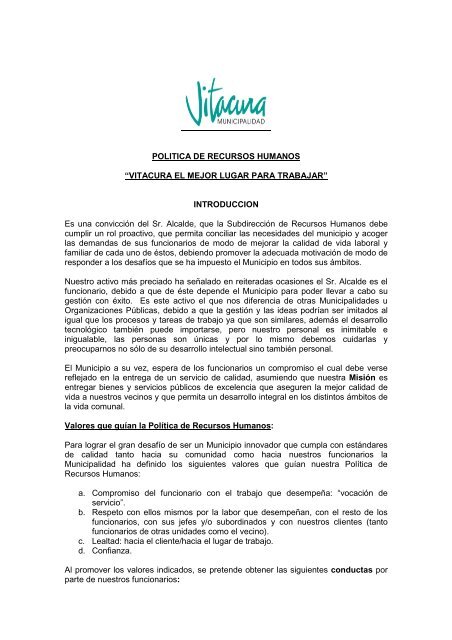 POLITICA RECURSOS HUMANOS - Municipalidad de Vitacura