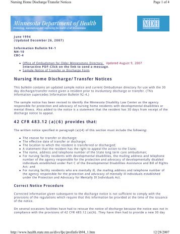 Nursing Home Discharge/Transfer Notices 42 CFR 483.12 (a)(6 ...