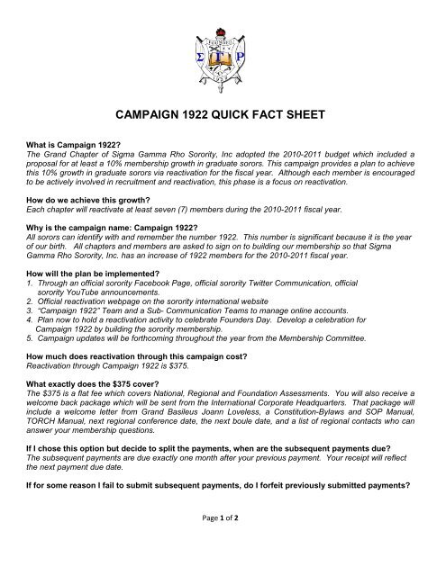 campaign 1922 quick fact sheet - Sigma Gamma Rho Sorority, Inc.