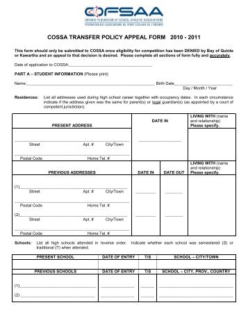 COSSA TRANSFER POLICY APPEAL FORM 2010 - 2011