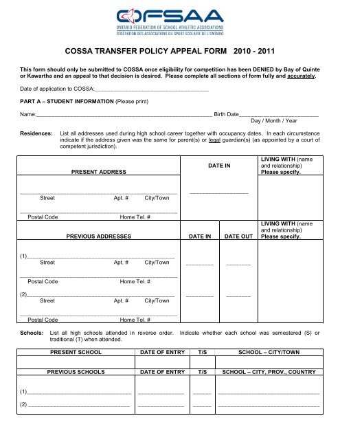 COSSA TRANSFER POLICY APPEAL FORM 2010 - 2011