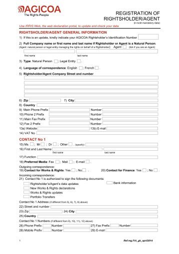 Registration of Rightsholder/Agent form - Agicoa