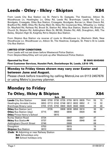 Leeds - Otley - Ilkley - Skipton X84 Monday to Friday - Metro