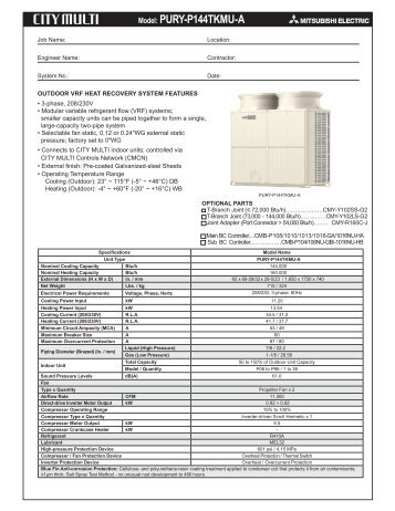Model: PURY-P144 TKMU-A - Mitsubishi Electric Sales Canada Inc.