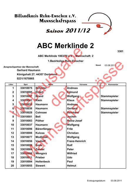 2011/12 Mannschaftspass Billardkreis Ruhr-Emscher eV