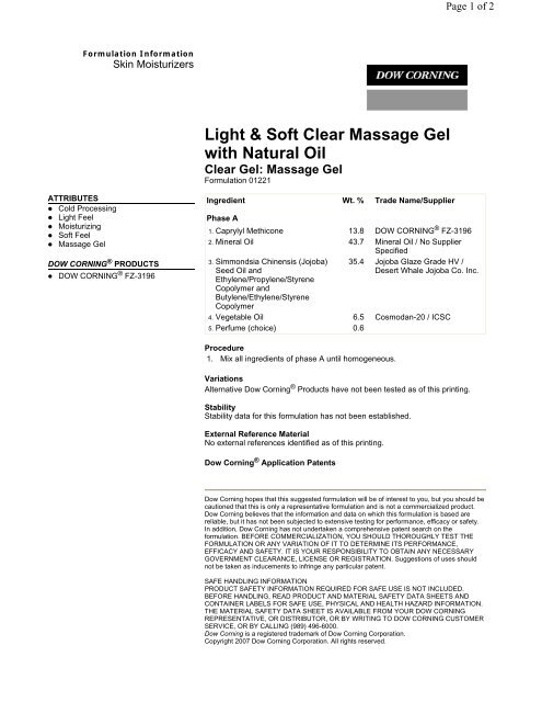 Light & Soft Clear Massage Gel with Natural Oil ... - Dow Corning