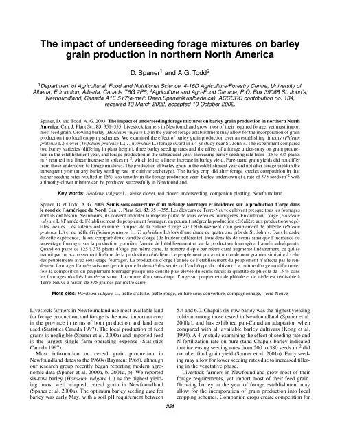 The impact of underseeding forage mixtures on barley grain ...