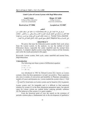 Limit Cycles of Lorenz System with Hopf Bifurcation Azad.I.Amen ...