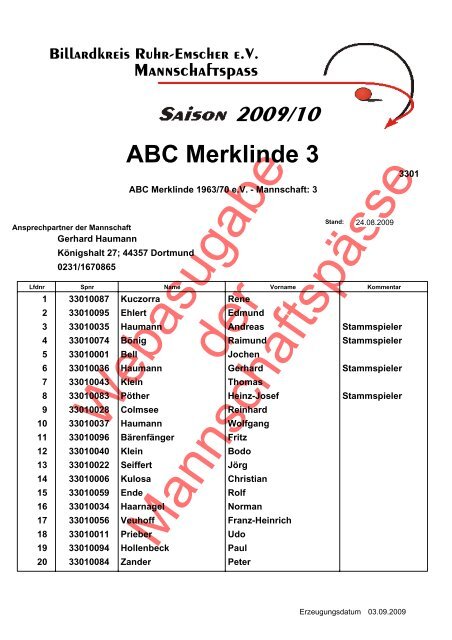 Mannschaftspässe - Billardkreis Ruhr-Emscher eV