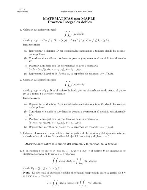 MATEMATICAS con MAPLE PrÃ¡ctica Integrales dobles