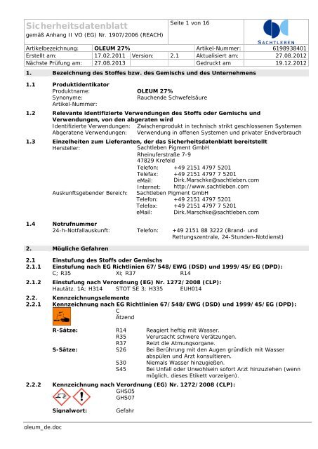 Sicherheitsdatenblatt - Sachtleben Chemie GmbH