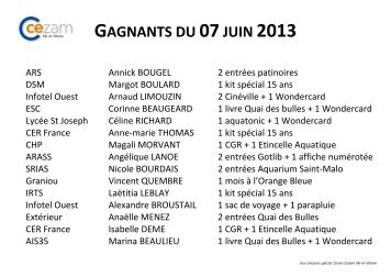 Gagnants du 08 juin 2013 - Cezam Bretagne