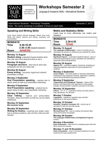 Workshops timetable - International Students