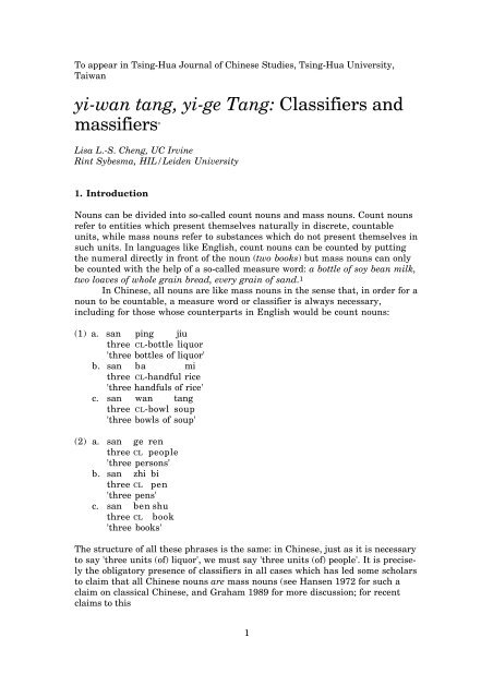 yi-wan tang, yi-ge Tang: Classifiers and massifiers* - Lisa Cheng