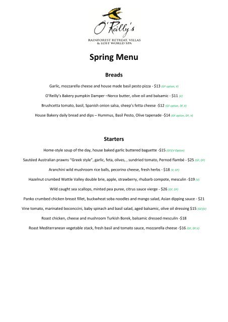 Spring Menu Breads O Reilly S Rainforest Retreat Spring Menu Breads O Reilly S Rainforest Retreat