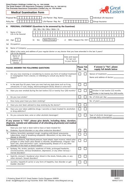 Medical Examination form (for Distribution ... - Great Eastern Life