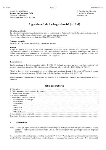 Algorithme 1 de hachage sécurisé - RFC