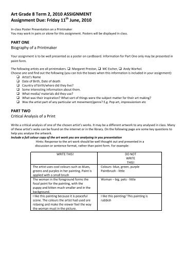 Art Grade 8 Term 2, 2010 ASSIGNMENT Assignment Due: Friday 11 ...