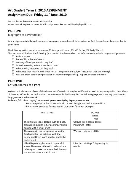 Art Grade 8 Term 2, 2010 ASSIGNMENT Assignment Due: Friday 11 ...