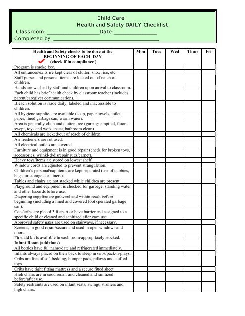 Child Care Health and Safety DAILY Checklist Classroom ...