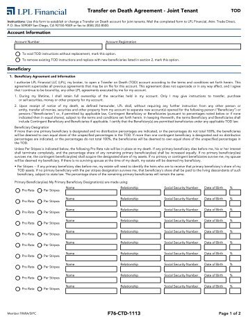 Transfer on Death Agreement - Joint Tenant Account - LPL Financial