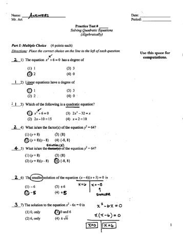 Quadratic Equations - Practice Test - Answers.pdf
