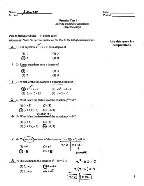 Quadratic Equations - Practice Test - Answers.pdf