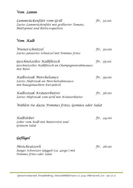 Ã  la carte Gerichte - Speiserestaurant Freudenberg