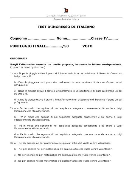 Test D ingresso Di Italiano 2012 2013 Liceo Classico C Cavour