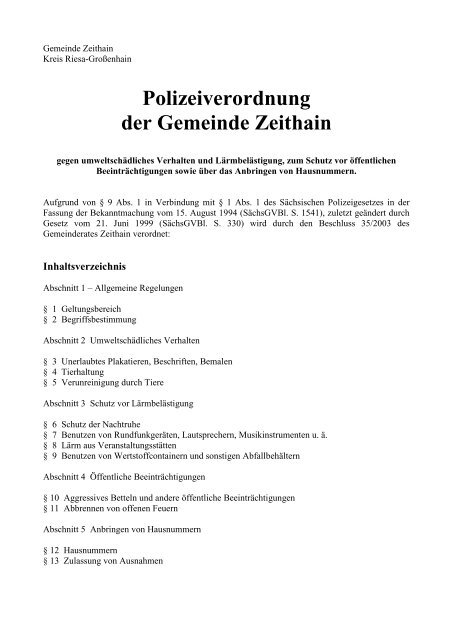 Polizeiverordnung der Gemeinde Zeithain
