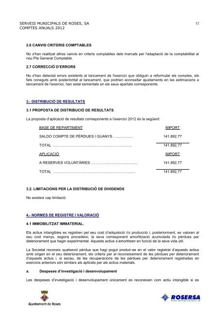 COMPTE GENERAL EXERCICI 2012 - Ajuntament de Roses