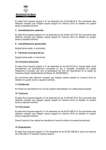 COMPTE GENERAL EXERCICI 2012 - Ajuntament de Roses