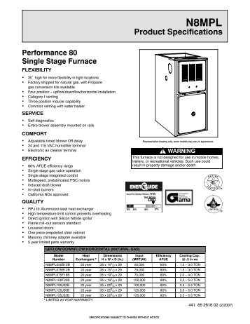 N8MPL 80% Gas Furnace Performance Single Stage Spec Sheet