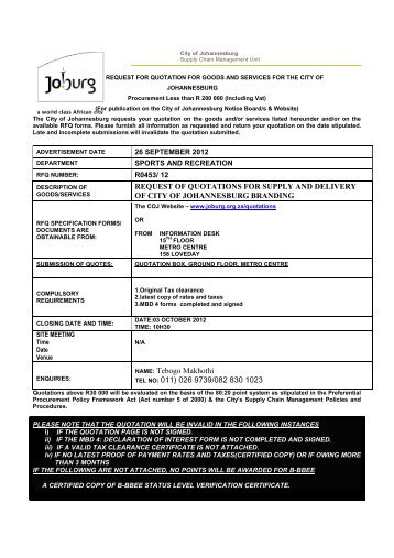 REQUEST OF QUOTATIONS FOR SUPPLY AND ... - Joburg