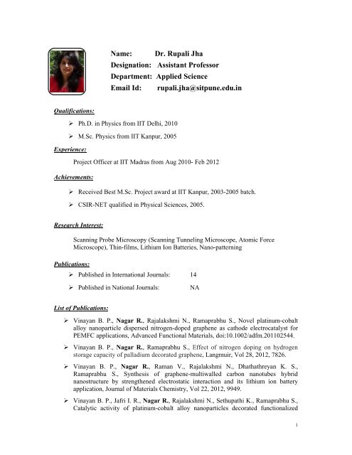 Name: Dr. Rupali Jha Designation: Assistant Professor ... - SIT