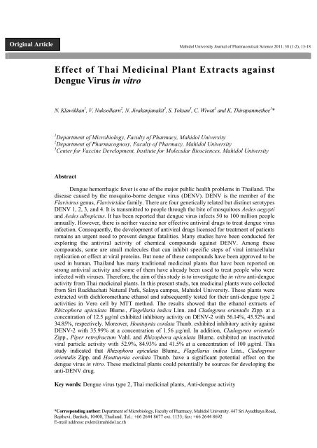 Effect of Thai Medicinal Plant Extracts against Dengue Virus in vitro