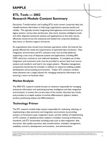 ETL Tools â 2002 Research Module Content Summary SAMPLE