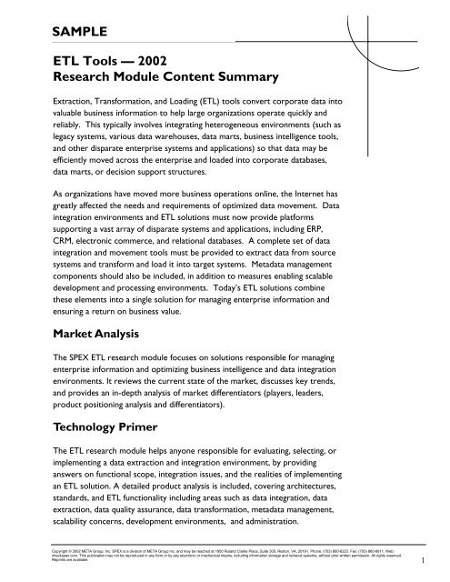 ETL Tools â 2002 Research Module Content Summary SAMPLE