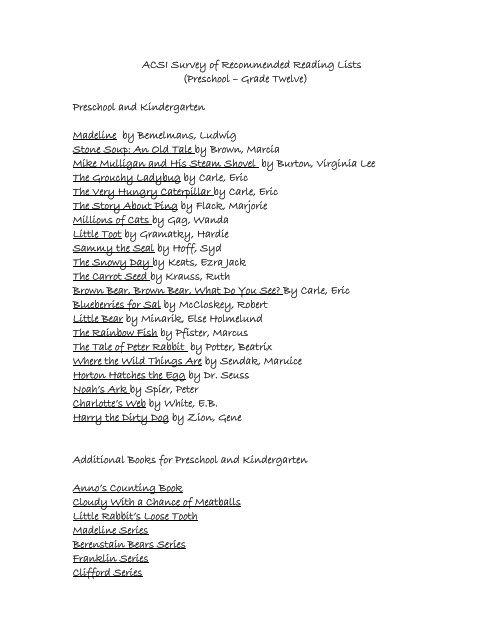 ACSI Survey of Recommended Reading Lists (Preschool â Grade ...
