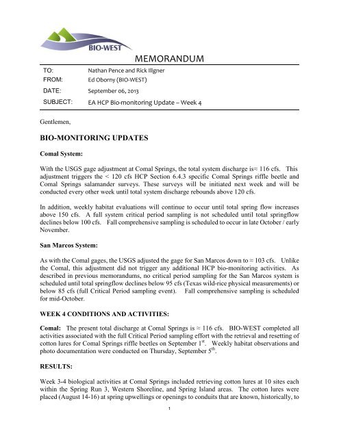 Week 4: September 06, 2013, Biological Monitoring Report - EAHCP