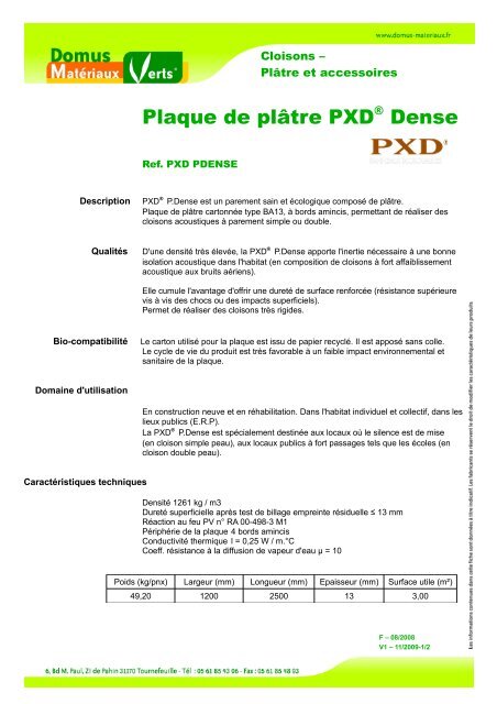PLAQUE DE PLATRE PXD DENSE Domus Matériaux Verts