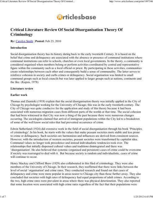 Critical Literature Review Of Social Disorganisation Theory Of ...