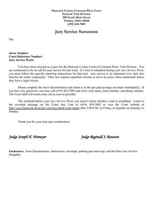Watt Sovereign assassination Jury Service Summons - Hancock County Common Pleas Court