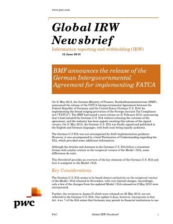 Germany signs FATCA intergovernmental agreement with the ... - PwC