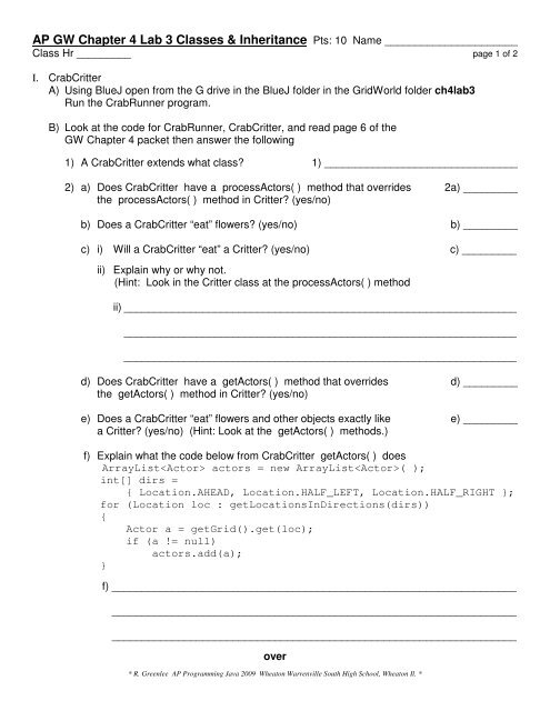Ap Gw Chapter 4 Lab 3 Classes Amp Inheritance Pts 10 Name
