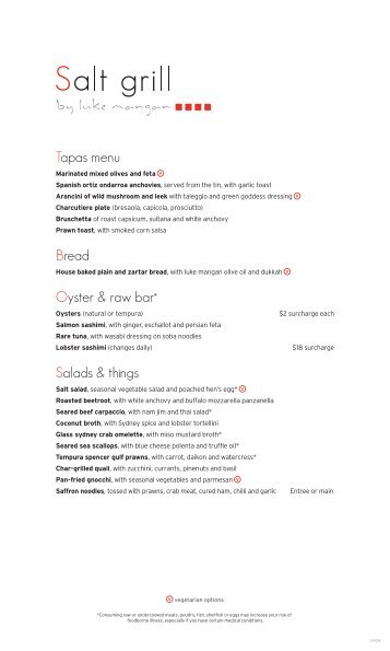 Tapas menu Bread Oyster & raw bar* Salads & things